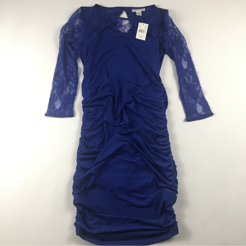 NWT MOTHERHOOD Maternity blue long sleeved lace dress. Stretchy. size small